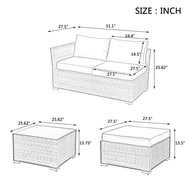 4-Piece PE Wicker Patio Furniture Set with Tempered Glass Coffee Table – Outdoor Conversation Set